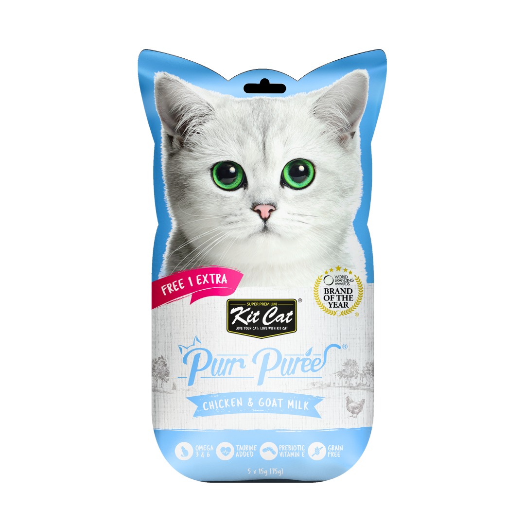 Kit Cat Puree مكافآت قطط دجاج مع حليب الماعز (4+1)